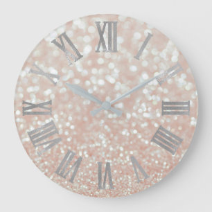 Pink Rose Pastel Grey Silver Metallic Roman Number Large Clock