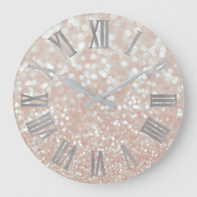 Pink Rose Pastel Grey Silver Metallic Roman Number Large Clock (Front)