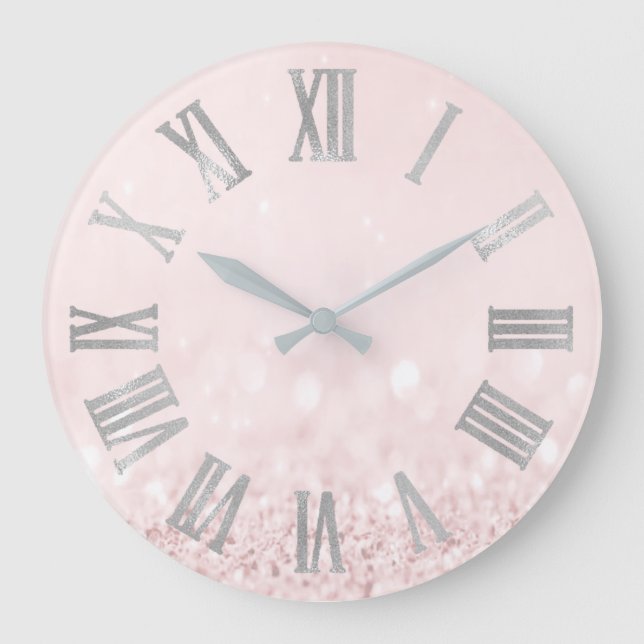 Pink Rose Pastel Powder Glitter Roman Numbers Large Clock (Front)
