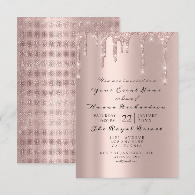 Pink Rose Pastel Powder Sparkly Diamond Metallic Invitation (Front/Back)