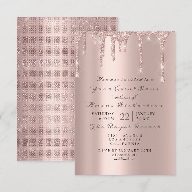 Pink Rose Pastel Powder Sparkly Glitter Drips Grey Invitation (Front/Back)