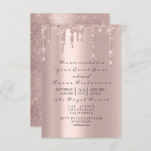 Pink Rose Pastel Powder Sparkly Glitter Drips Grey Invitation