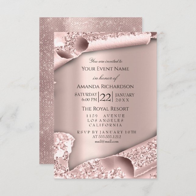 Pink Rose Pastel Powder Sparkly Glitter Rose PINK Invitation (Front/Back)