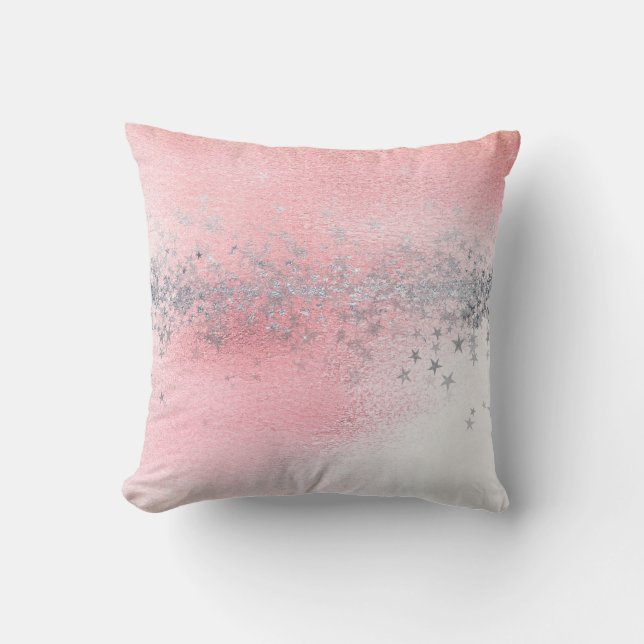 Pink Rose Pastel White Ombre Silver Stars Glitter Cushion (Front)