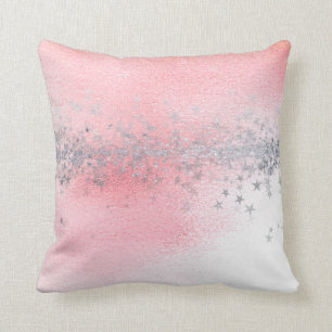 Pink Rose Pastel White Ombre Silver Stars Glitter Cushion