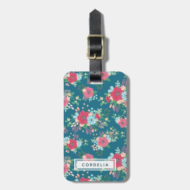 Pink Rose Pattern - Custom Name Address Luggage Tag (Front Vertical)
