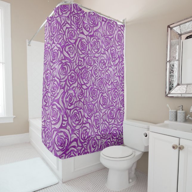 Pink Rose Pattern Shower Curtain (In Situ)