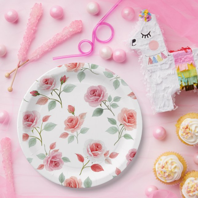 Pink Rose Pattern, soft colour, Paper Plate (Party)