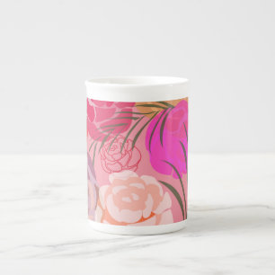 Pink rose pattern with flowers and plants bone china mug
