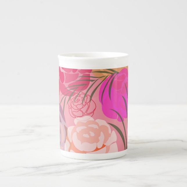 Pink rose pattern with flowers and plants bone china mug (Front)