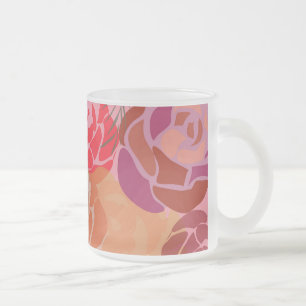 Pink rose pattern with flowers and plants frosted glass coffee mug