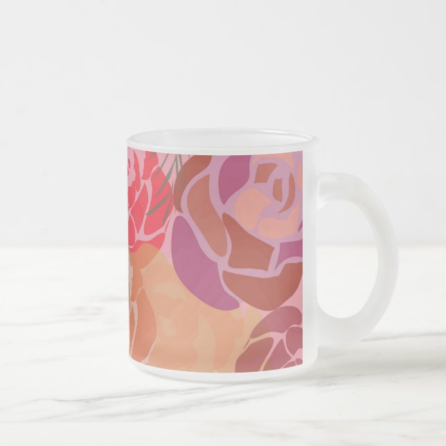 Pink rose pattern with flowers and plants frosted glass coffee mug (Right)