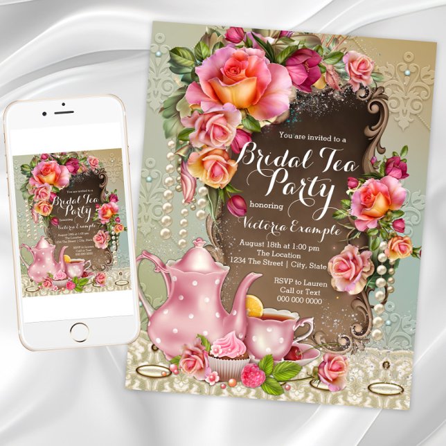 Pink Rose Pearl Bridal Tea Party Invitation (Bridal shower invitation with roses and tea set. Download and printed invitations available.)