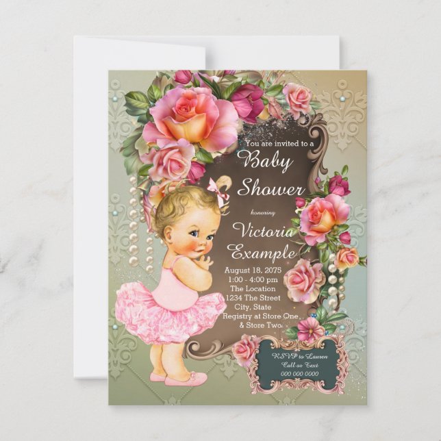 Pink Rose Pearl Tutu Girl Baby Shower Invitation (Front)