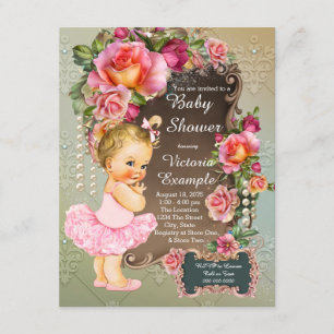 Pink Rose Pearl Tutu Girl Baby Shower Invitation