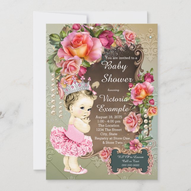 Pink Rose Pearl Tutu Princess Baby Shower Invitation (Front)
