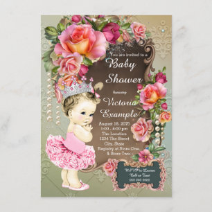 Pink Rose Pearl Tutu Princess Baby Shower Invitation