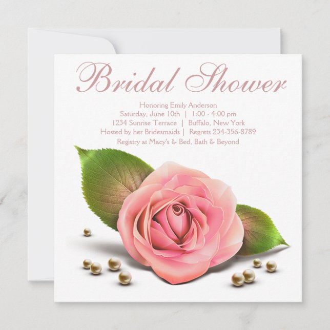 Pink Rose Pearl White Bridal Shower Invitation (Front)