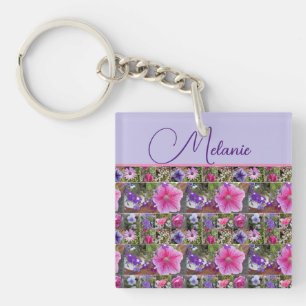 Pink Rose Penunia Daisy Flowers Floral Womans Name Key Ring