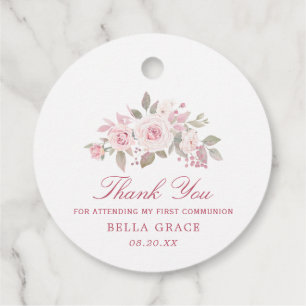 Pink Rose Peony First Communion Thank You Favour Tags