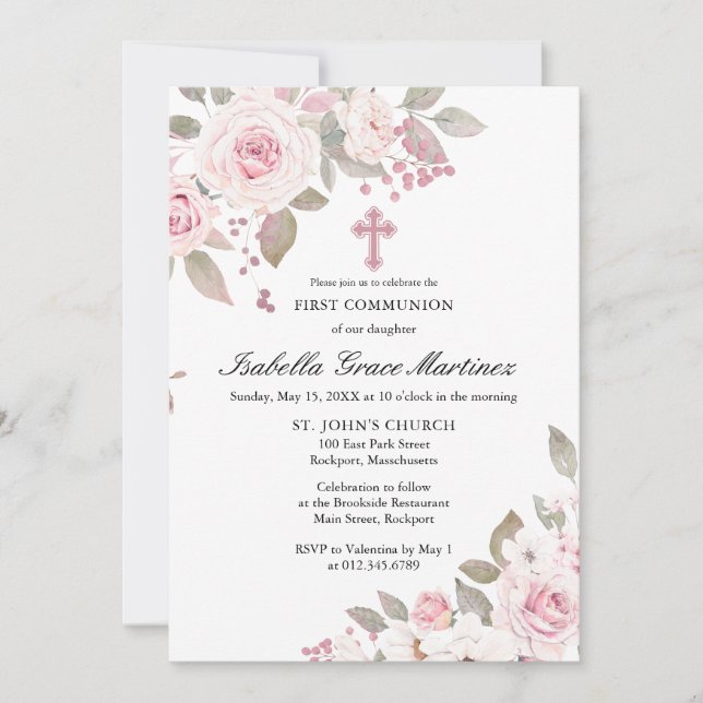 Pink Rose Peony Floral First Holy Communion Invitation (Front)