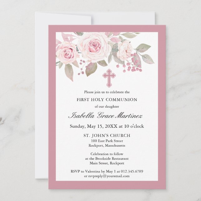 Pink Rose Peony Floral First Holy Communion Invitation (Front)