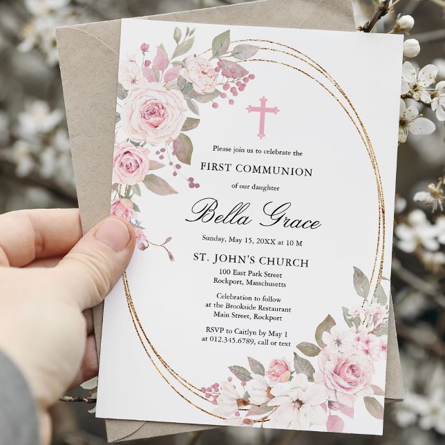  Pink Rose Peony Floral First Holy Communion  Invitation (Creator Uploaded)