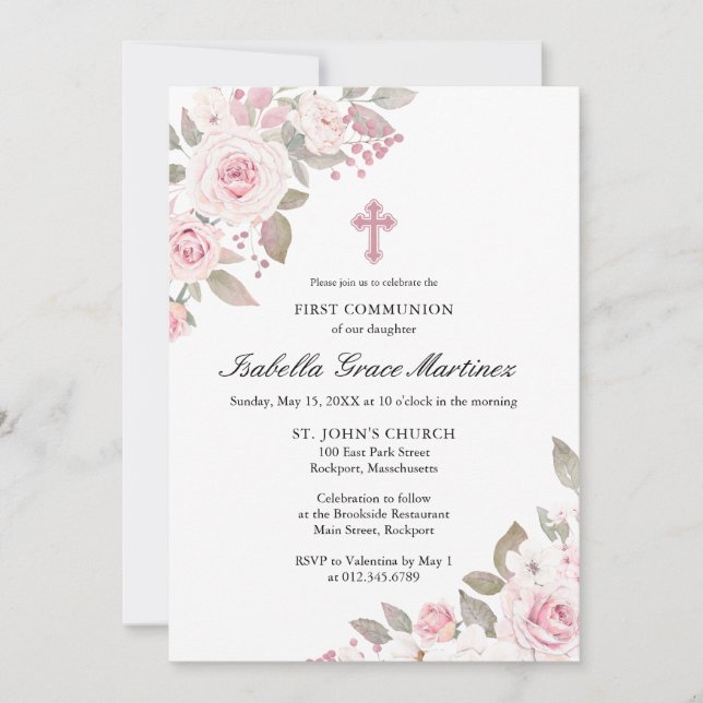 Pink Rose Peony Floral First Holy Communion Invitation (Front)