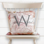 Pink Rose Peony Script Monogram Wedding Keepsake Cushion<br><div class="desc">Personalised wedding keepsake. This beautiful, elegant design pillow features a luminous pink rose and peony bouquet over a pink, coral and blue watercolor background. The classic grey monogram initial sits in a transluscent layer featuring an inner border of faux gold foil. The couple's first names are written over the monogram...</div>
