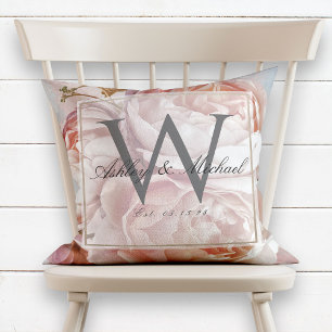 Pink Rose Peony Script Monogram Wedding Keepsake Cushion