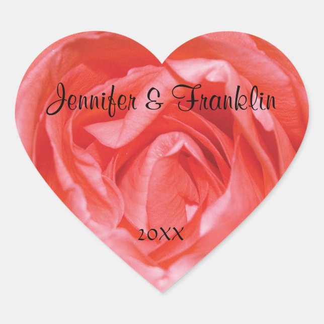 Pink Rose Personalised Heart Wedding Sticker (Front)