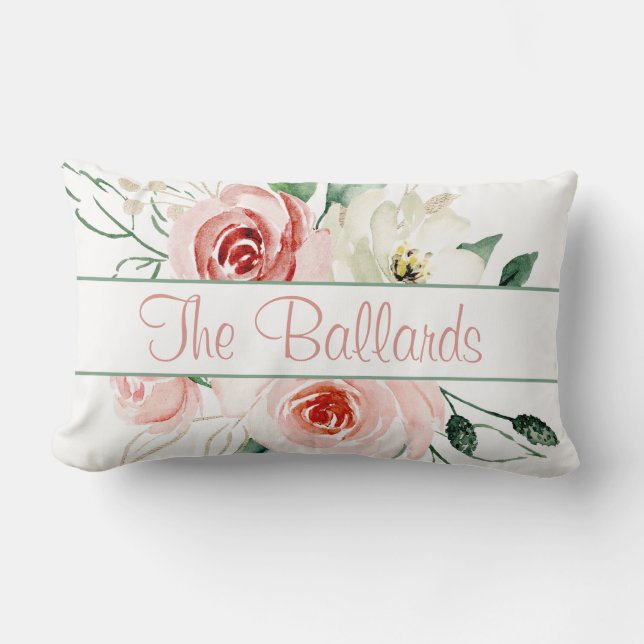 Pink Rose Personalised Name Lumbar Pillow (Front)