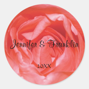Pink Rose Personalised Round Wedding Sticker