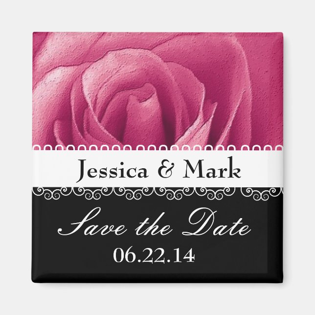 Pink Rose Personalised Save the Date Wedding Magnet (Front)