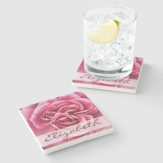 Pink Rose Personalised Stone Coaster