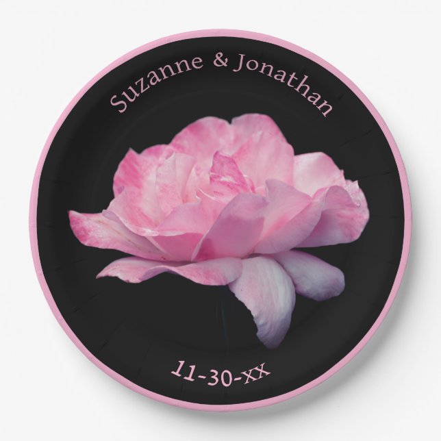 Pink Rose Personalised Wedding Bridal Paper Plate (Front)