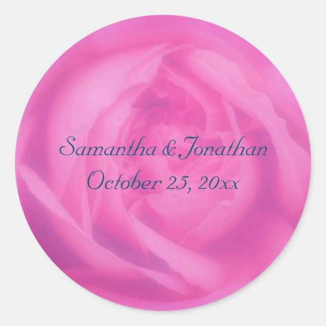 Pink Rose Petals Floral Wedding Personalised Classic Round Sticker (Front)