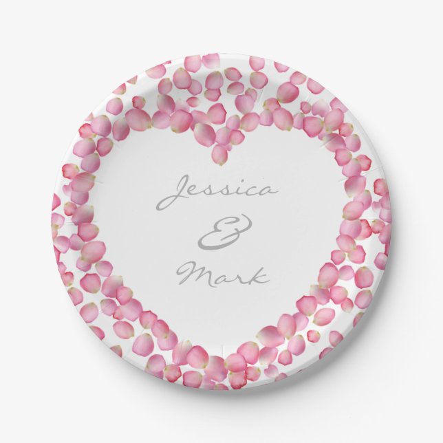 Pink rose petals heart custom paper plates (Front)