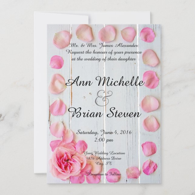 Pink Rose Petals on Wood Wedding Invitation (Front)