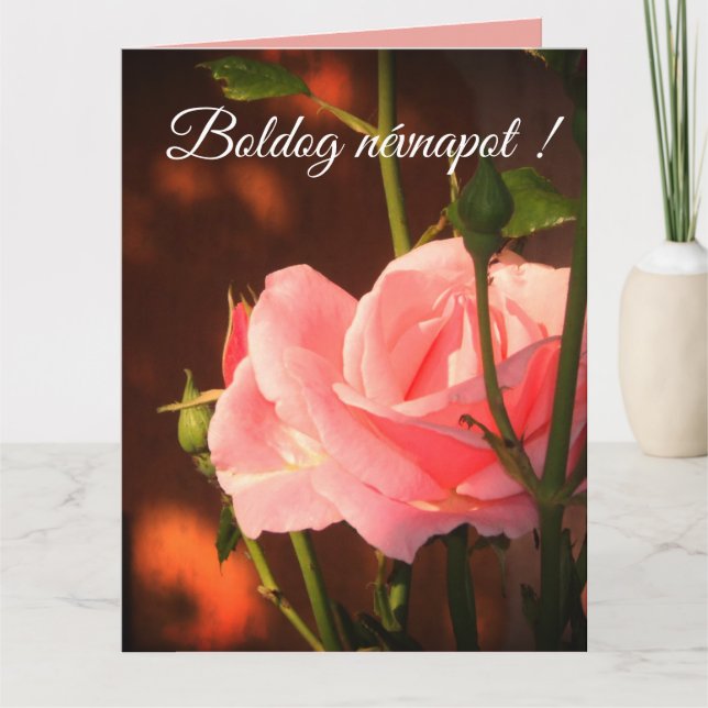Pink rose photo  - Hungarian name day Card (Front)
