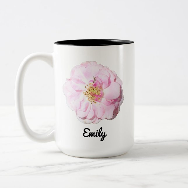 Pink Rose Photo with Custom Name  Two-Tone Coffee Mug (Left)