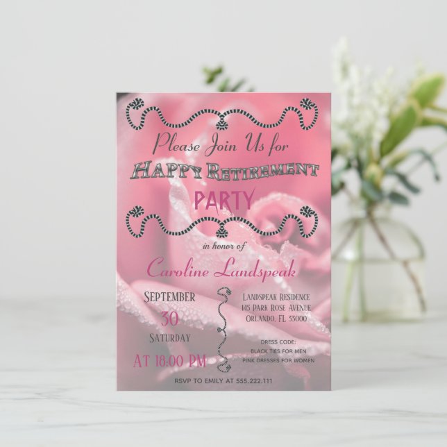 Pink Rose photograph for Happy Retirement Party Invitation (Standing Front)