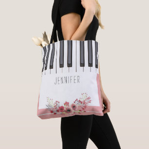 Pink Rose Piano Music Tote Bags