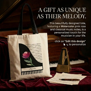 Pink rose piano personalised music tote bag