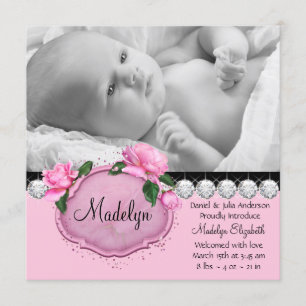 Pink Rose Pink Black Birth Announcement