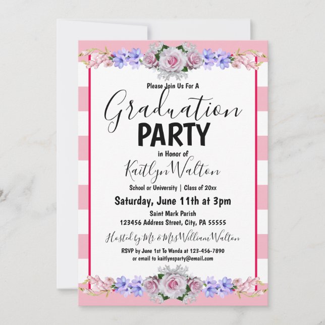 Pink Rose Pink Stripes Graduation Party Invitation (Front)
