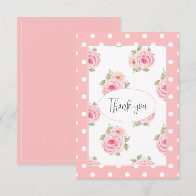 Pink Rose Polkadot Watercolor Thank You Card (Front/Back)