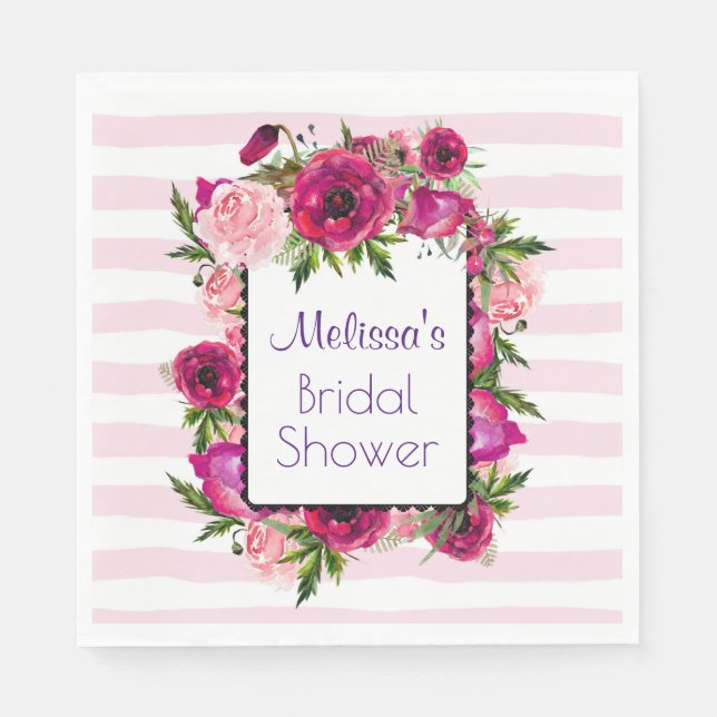 Pink Rose & Poppy Floral Bouquet Bridal Shower Napkin (Front)