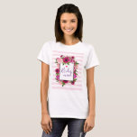 Pink Rose & Poppy Floral Bouquet Bridesmaid T-Shirt<br><div class="desc">A bridesmaid t-shirt with a floral bouquet composed of light pink roses and dark pink poppies with lots of lush green leaves. A frame layered over top to put your custom text inside. Decorated with a little pink heart. The background is a soft pastel pink striped pattern.</div>