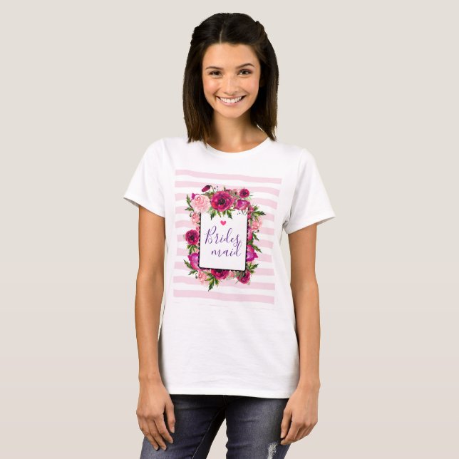 Pink Rose & Poppy Floral Bouquet Bridesmaid T-Shirt (Front Full)